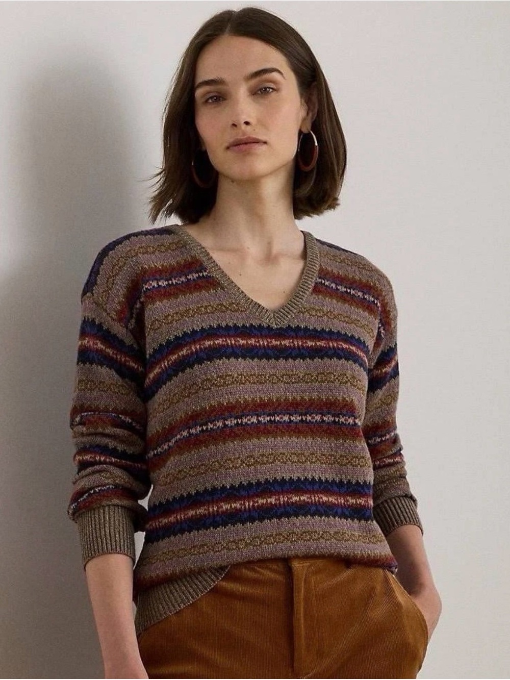 NWT$195 Ralph Lauren Women's Fair Isle Cotton Linen V-Neck Sweater Taupe L Large